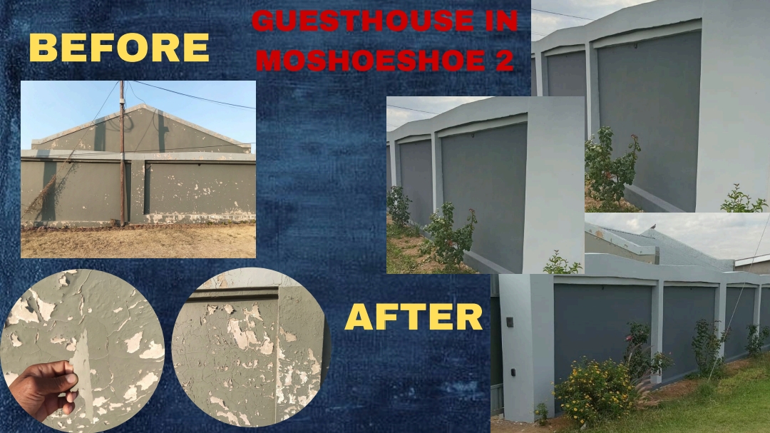 Before and after photos of the Guesthouse in Moshoeshoe 2 painted with Dynamic Paint