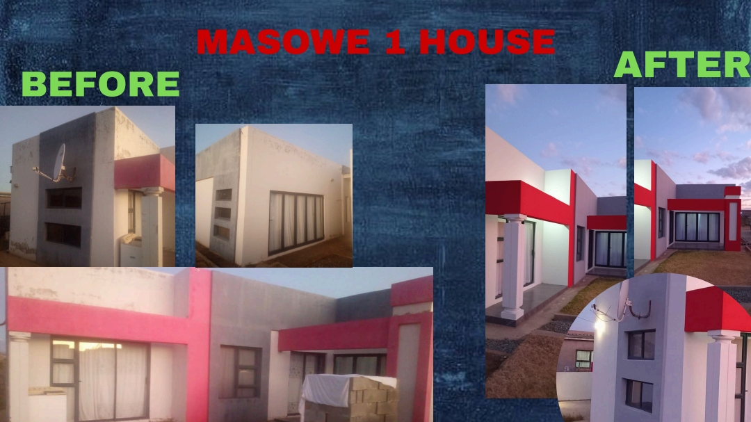 Before and after photos of the Masowe 1 House painted with Dynamic Paint